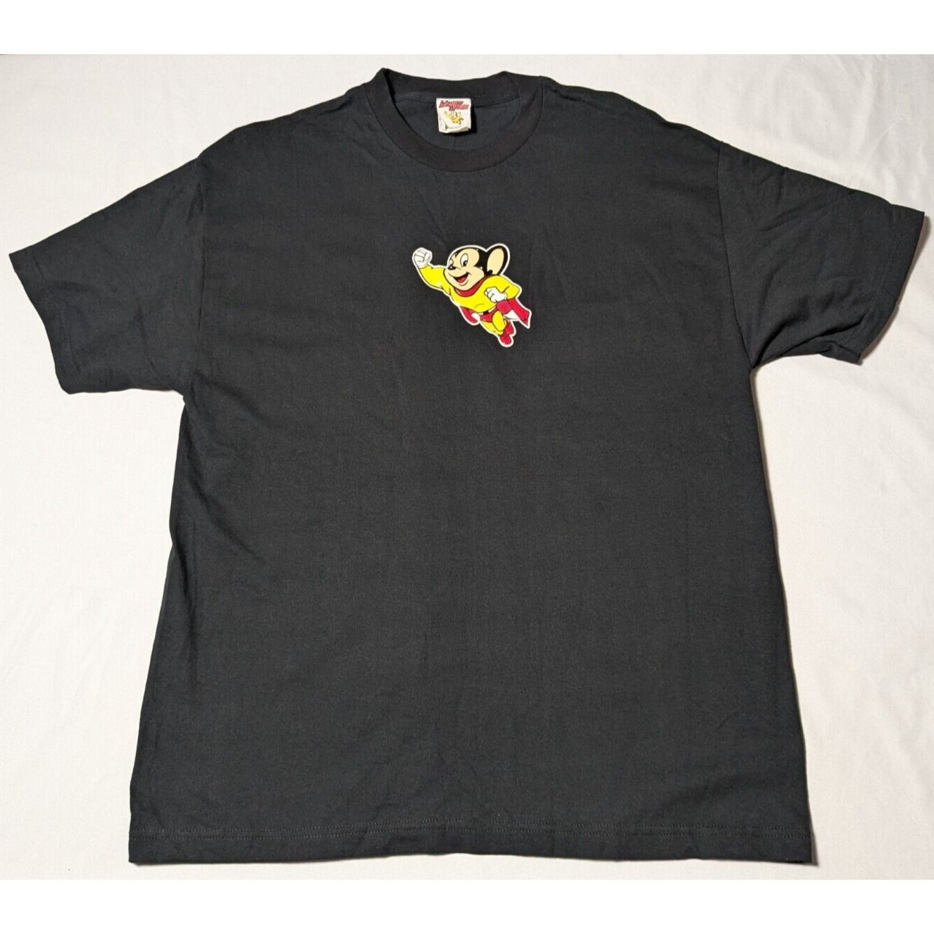 Vtg Mighty Mouse 3d Puff Patch Men Xl Black TShirt Euc